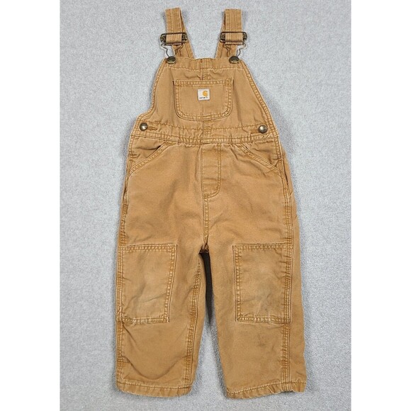 Carhartt Bibs Double Knee Overalls Toddler Size 2T Brown Canvas Flannel Lining - Picture 1 of 10
